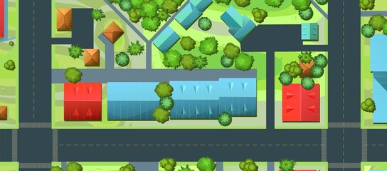 Streets of city. Top View from above. Small town house and road. Map with roads, trees and buildings. Modern car. Cartoon cute style illustration. Vector