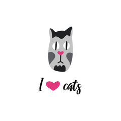 A sad cat with big eyes and a beard. The inscription on the poster I love cats