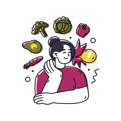 Smiling Woman with vegetables. Fast-food or healthy food concept. Choosing the Right Nutrition.  Refusal of sweet and junk food. Flat style in vector illustration. Isolated element.