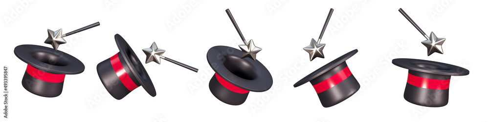 Poster set of 3d magic hat icon isolated on a white background. 5 different angle magic icons for web. 3d r