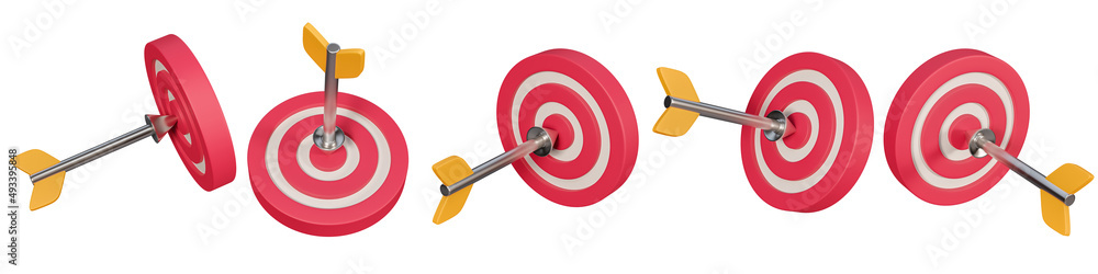 Poster set of 3d archery targets sign icon isolated on a white background. 5 different angle arrow and targ