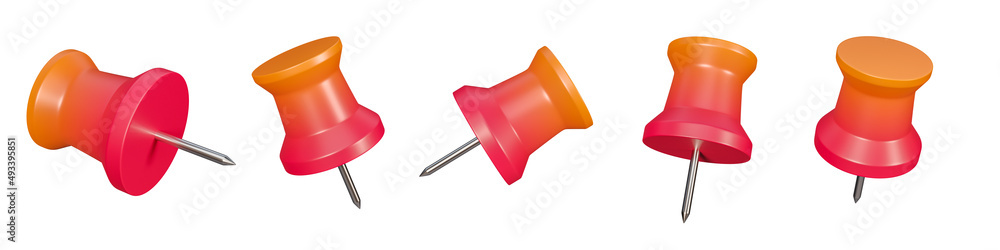 Poster set of 3d red push pins sign icon isolated on a white background. 5 different angle push pins symbol