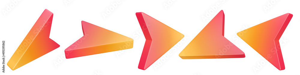 Poster set of 3d arrow sign icon isolated on a white background. 5 different angle direction symbol icons f