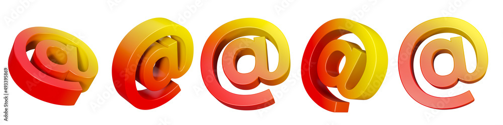 Poster set of 3d at sign, email sign icon isolated on a white background. 5 different angle email alias ico