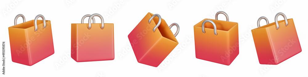 Poster 3d shopping bag icon isolated on a white background. 5 different angle paper bag icons for website o