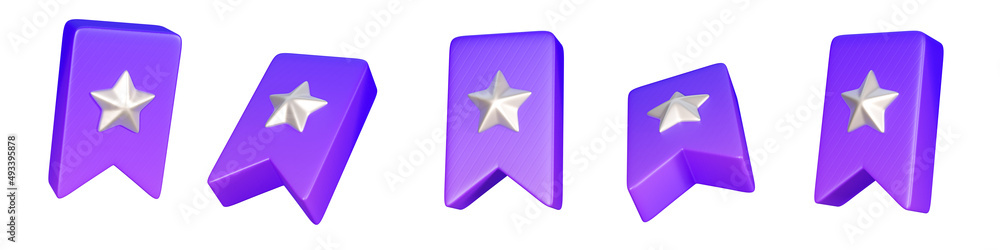 Poster 3d bookmark star collection isolated on a white background. 5 different angle icons on the theme of 