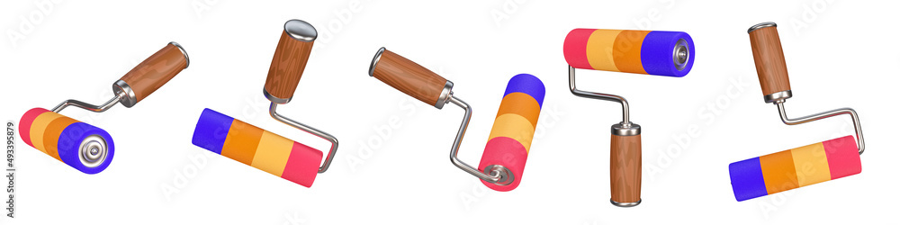 Poster 3d paint brush icon isolated on a white background. 5 different angle realistic roller brush icons f