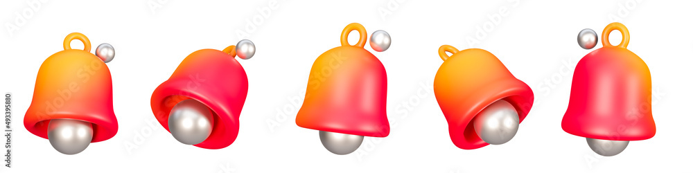Poster 3d bell icon isolated on a white background. 5 different angle realistic bell notification icons for