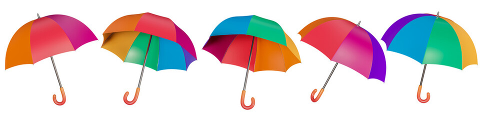 Set of 3d colorful umbrella icon isolated on a white background. 5 different angle magic icons for web. 3d rendering.