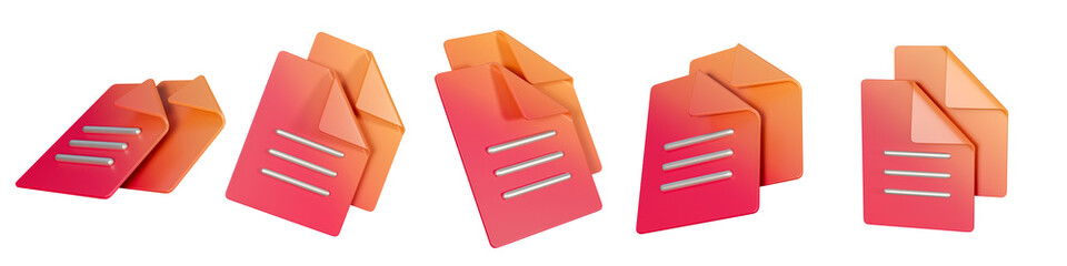 Set of 3d text file icon isolated on a white background. 5 different angle paper document icons for website or mobile app. 3d rendering.