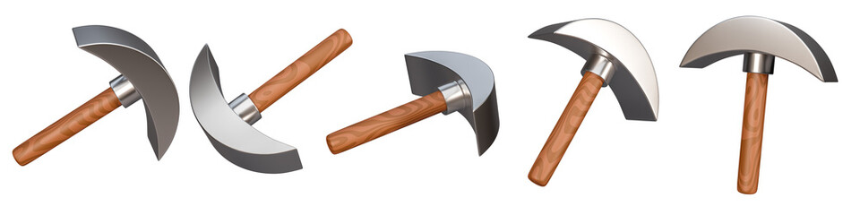 Set of 3d mining tool icon isolated on a white background. 5 different angle realistic pick axe icons. 3d rendering.