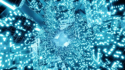 3D Big Data Digital background square with futuristic matrix. 3D graphic flying through digital technologic tunnel. Wormhole through time and space. Technological and connection background. Pattern