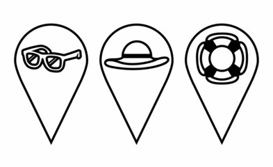 GPS interface elements set. City map navigation. GPS navigator. Point marker icon with image of beach accessories. Set of summer icons in linear style. Beach hat, sunglasses, lifebuoy