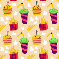 Seamless pattern with fast food, burger, fries and cola