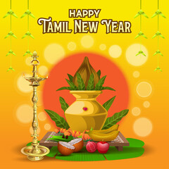 Happy Tamil New Year Greetings with traditional ritual elements