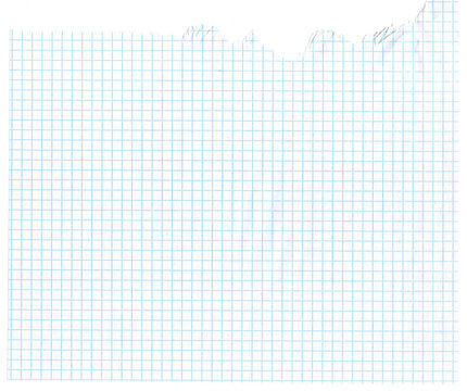 Blue printed gridded paper with a tear on it. Graph paper