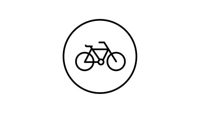 Bicycle line icon inside circle, black outline, line icons, black and white animation