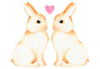 Rabbits are kissing. Watercolor illustration. Isolated on a white background. For design