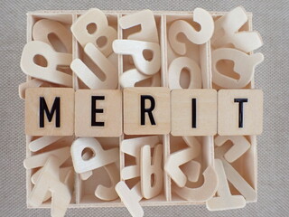 メリットMERITの単語とたくさんアルファベット