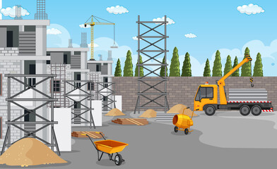 Cartoon scene of building construction site