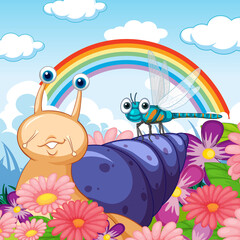 Flower field with cartoon snail and dragonfly