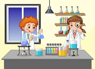 Scientist kids in laboratory room background