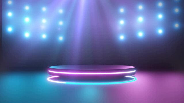 Black podium with glowing neon ring for product display presentation	