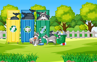 Three raccoons eating food from trash