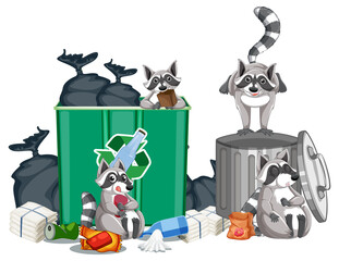 Four raccoons eating food from trash