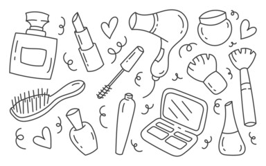 A set of elements of decorative and care cosmetics. Isolated on a white background. Beauty and self-care. Sticker pack.