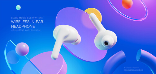 Wireless in ear headphones ad - obrazy, fototapety, plakaty