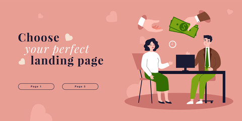 Hand giving money bribe to businessman in corrupt company. Man and woman sitting at office table flat vector illustration. Bribery, corruption concept for banner, website design or landing web page