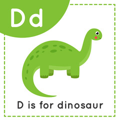 Learning English alphabet for kids. Letter D. Cute cartoon dinosaur.