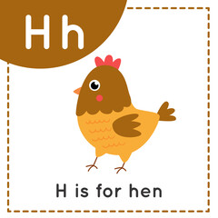 Learning English alphabet for kids. Letter H. Cute cartoon hen.