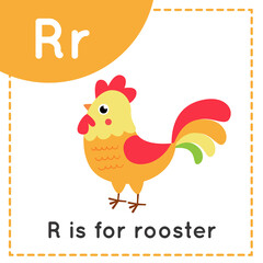 Learning English alphabet for kids. Letter R. Cute cartoon rooster.