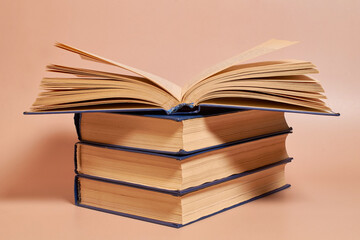 Back to school. A stack of books on a colored background. Copy space