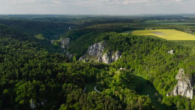 Ojcowski National Park, spring drone aerial view of Ojcow village and rocks in Pradnik Valley near Krakow (Cracow) taken in May. Okopy Mountain, Koronna Mountain Wapiennik, Puchacz Rock. Real time 4k.