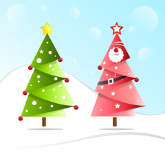 Merry Christmas, Red And Green Flat Vector Tree Illustration Design With Light blue Sky Background For Infographics Element, Posters, Greeting Cards