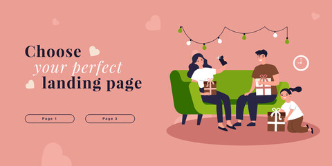 Family unpacking Christmas gifts by fireside. Parents and children holding their presents flat vector illustration. Winter holidays celebrating concept for banner, website design or landing web page