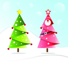 Merry Christmas, Red And Green Flat Vector Tree Illustration Design With Light blue Sky Background For Infographics Element, Posters, Greeting Cards