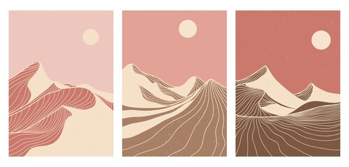 Mountain desert line art print. wallpaper design for cover background. Abstract contemporary aesthetic backgrounds landscapes. vector illustrations