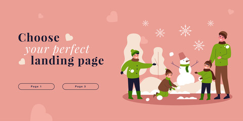 Father with children having snowball fight. Cartoon family playing with snow outdoor flat vector illustration. Winter activity, family time concept for banner, website design or landing web page
