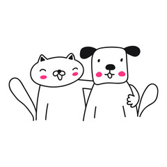 Obraz na płótnie Canvas Cat and dog together. Outline hand drawn vector illustration.