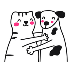 Cat and dog embrace. Outline vector hand drawn illustration.