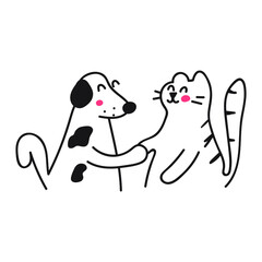 Cat and dog shake hands. Outline vector illustration.