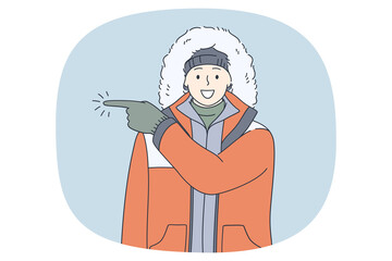 Smiling man in outerwear point with finger direction or way in expedition. Happy male traveler or tourist in winter wear show deal or offer. Winter holidays concept. Flat vector illustration. 