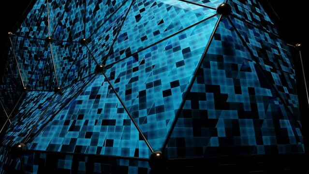 Blue geometric figure in 3d. Design. A huge rhombus of abstraction changes shape at angles and turns over