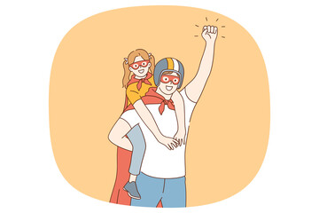 Excited small girl child piggyback smiling loving father wearing superhero costumes together. Happy caring dad play with teen little daughter in funny childish game. Fatherhood. Vector illustration. 