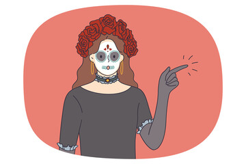Sugar skull woman in costume point with finger recommend sale deal or offer. Female dressed for dia de los muertos carnival celebration. Day of dead feast or party. Vector illustration. 
