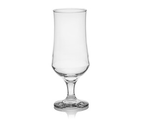 Empty transparent glass cup, shot glass, glass for wine, whiskey, cognac, martini, beer, juice and other drinks, isolated on white background. Dishes for bar, restaurant, pub.